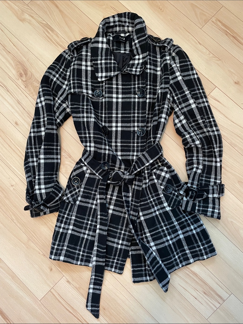 Forever 21 Black and White Plaid Trench Coat Sz M